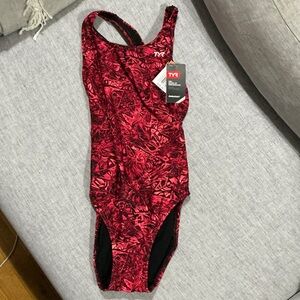 TYR Vibrant Red and Black Patterned Swimsuit